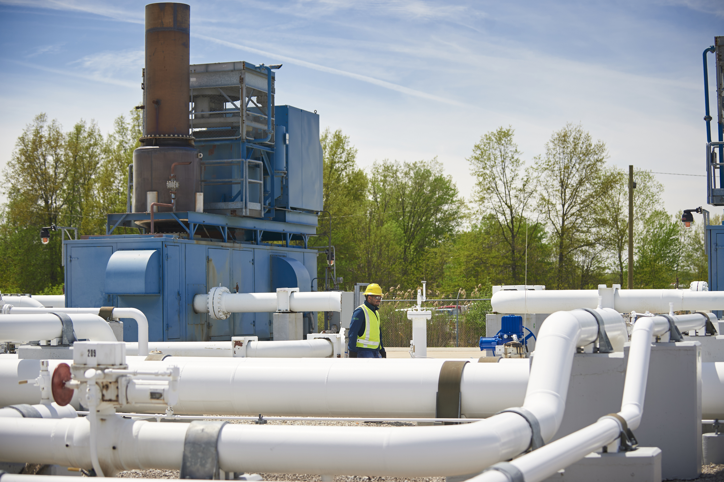City gates reduce pressure from transmission lines for local distribution.